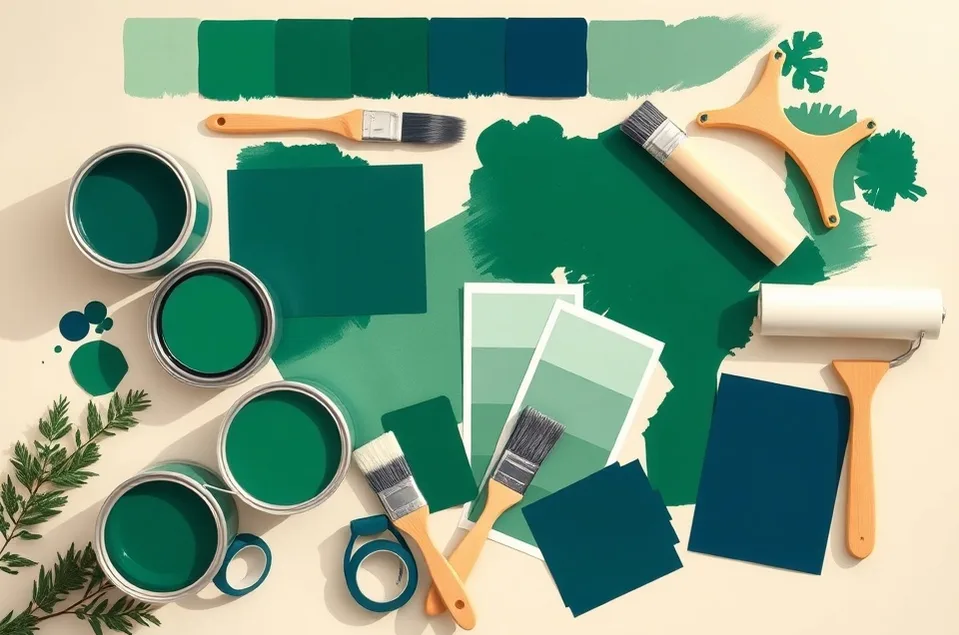 Pots de peinture, nuancier, brosses et rouleaux disposés à plat
