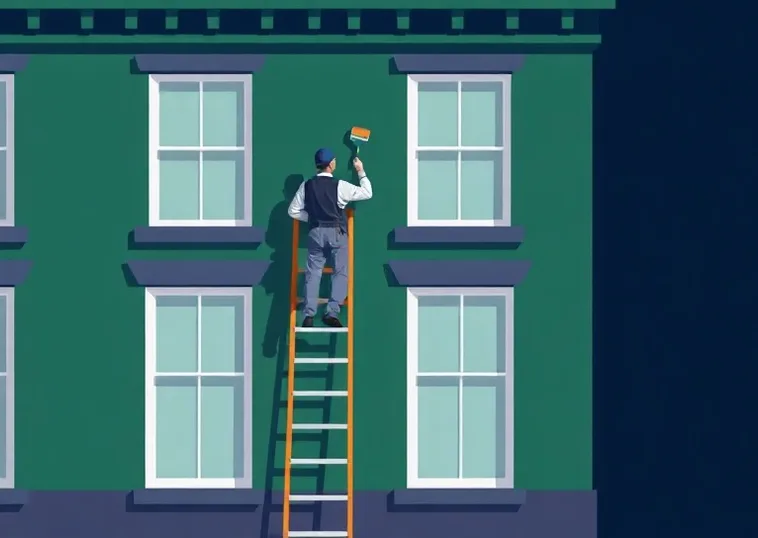 Peintre sur échafaudage traitant la façade d'une maison